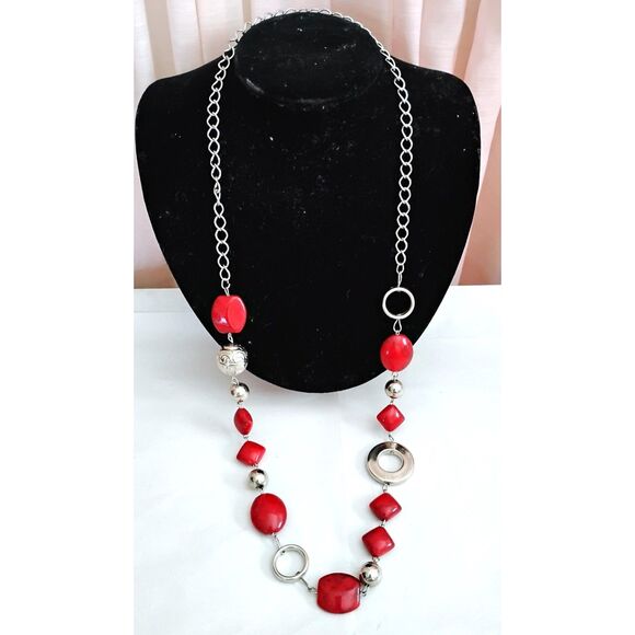 Y2K Bold Red Faux Stone and Silver Tone Statement Necklace, 30 Inches - Picture 2 of 3